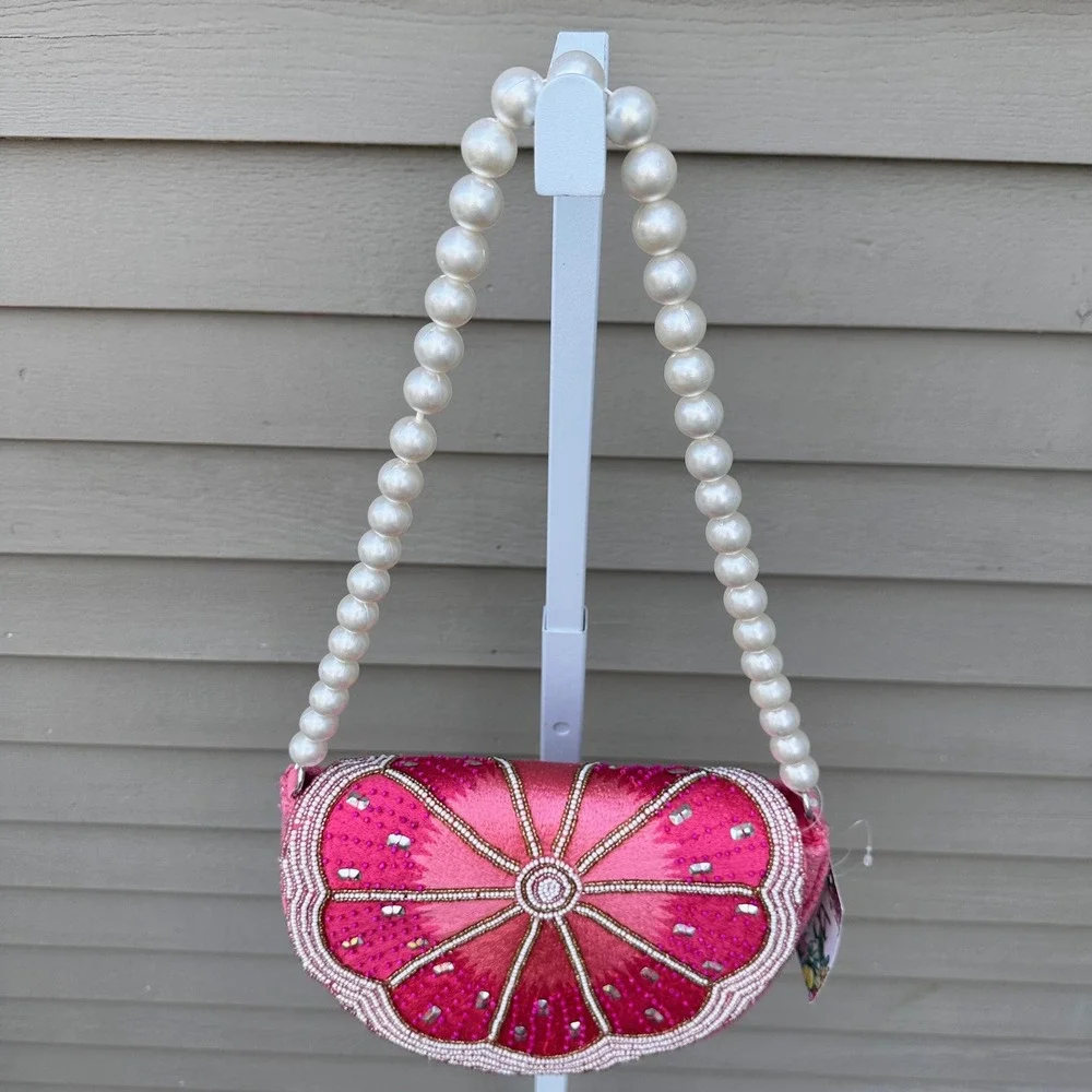 Kayu Limited Edition Pink Grapefruit Beaded Pearl Strap Shoulder Bag Novelty